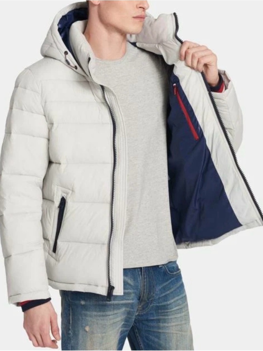 Tommy Hilfiger Water Resistant White Hooded Quilted Puffer Navy Lining sz XL
